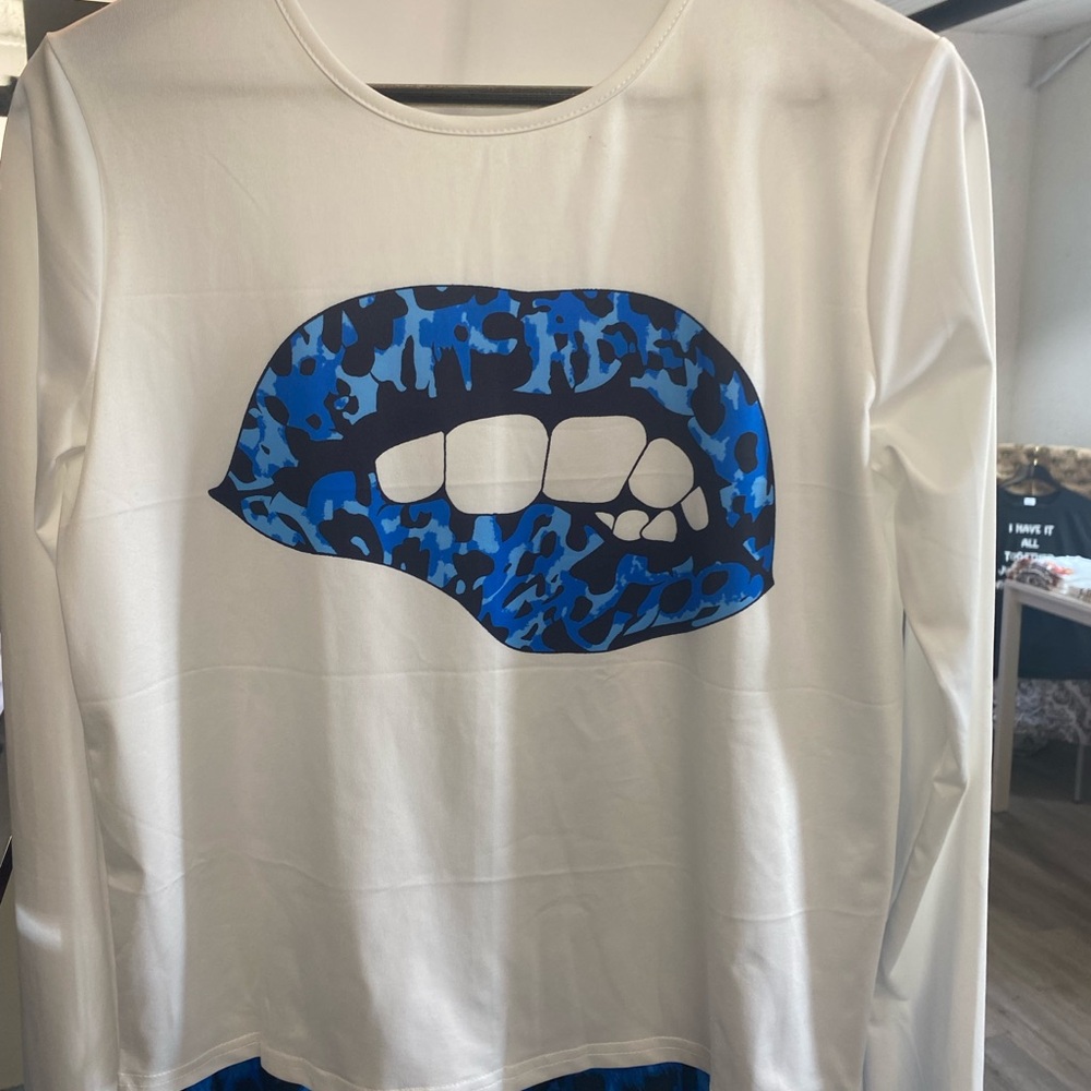 White Long Sleeve Shirt with Blue Graphic